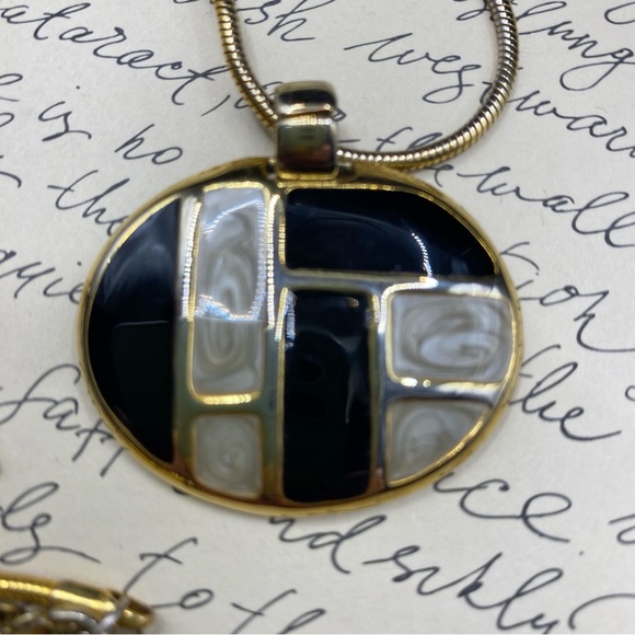 Gold Tone & Black Enamel Pendant Necklace - Picture 4 of 8